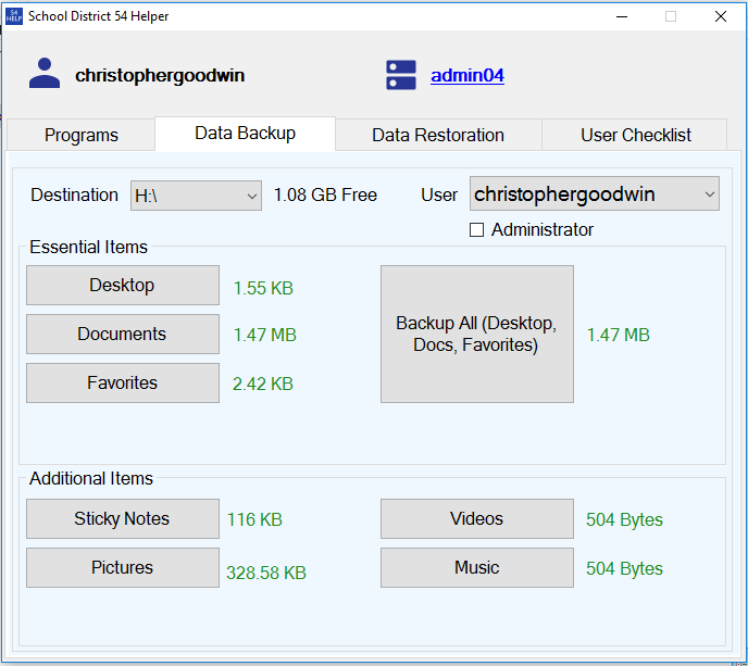 54 Helper Backup Screen